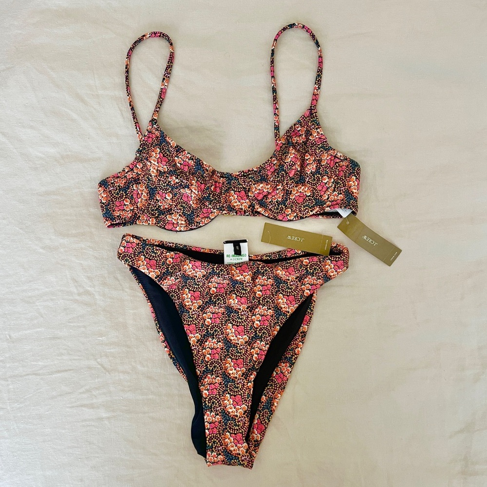 NWT floral J. Crew bathing suit bikini pink orange black top 32A bottoms XXS